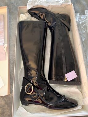 Jimmy Choo Patent Black Knee-High Leather Boots with Buckle size 38